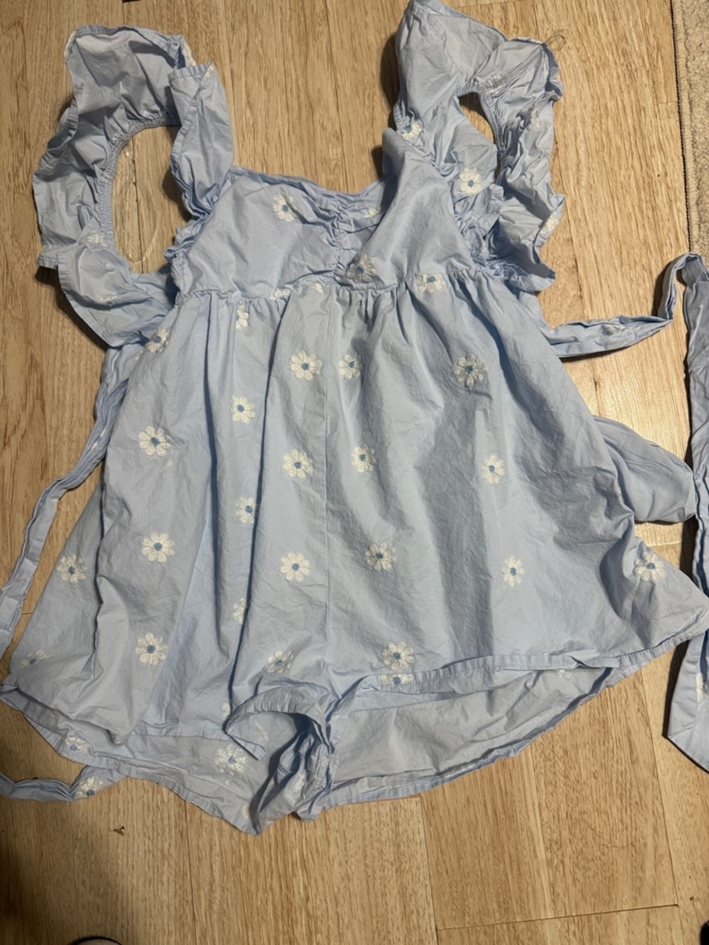 Light Blue Floral Embroidered Ruffle-Strap Romper